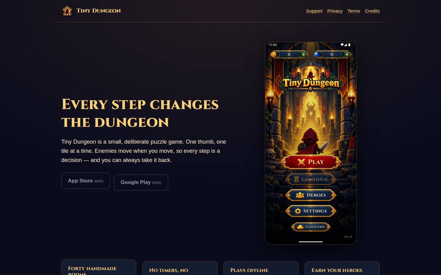 Portada de tinydungeon.qirai.tech: el titular «Every step changes the dungeon» junto a una captura del juego en un teléfono.